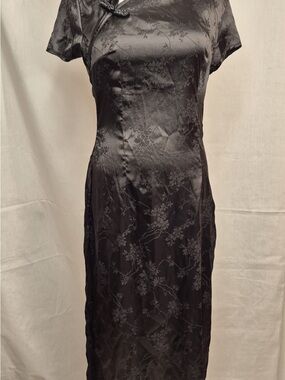 2073 - Classic Black Satin Floral Cheongsam Dress